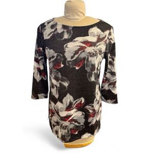 Chico's Sweater Womens Medium Black White Silver Red Metallic Floral Long Sleeve